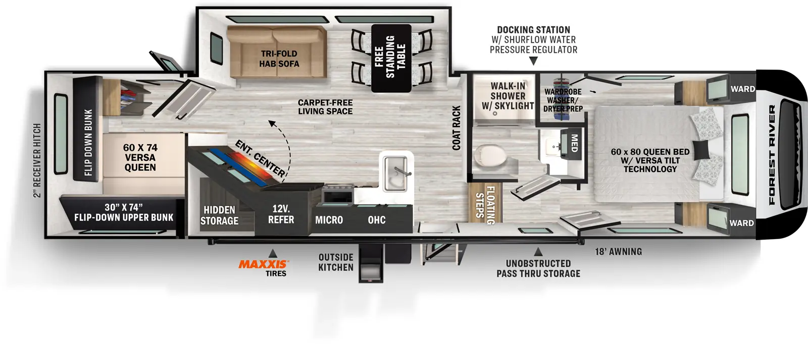 The Impression 290VB has one entry and one slide out. Exterior features include: fiberglass exterior, 18' awning and outside kitchen. Interiors features include: bunk beds, free-standing dinette option and front bedroom.